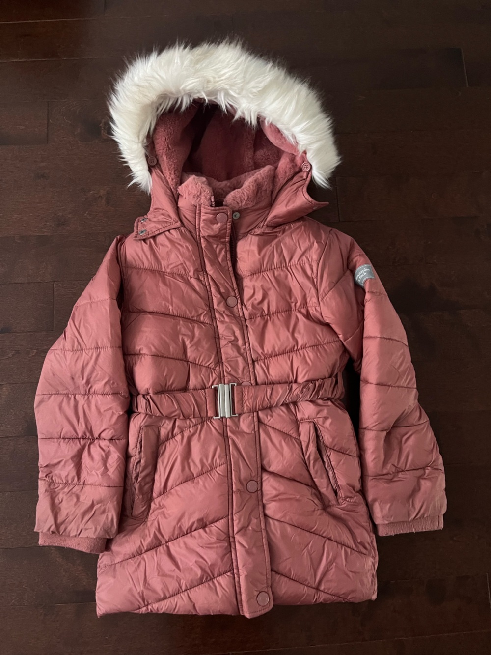 Abercrombie & Fitch Dusty Rose Girls' Puffer Coat with Faux Fur Hood